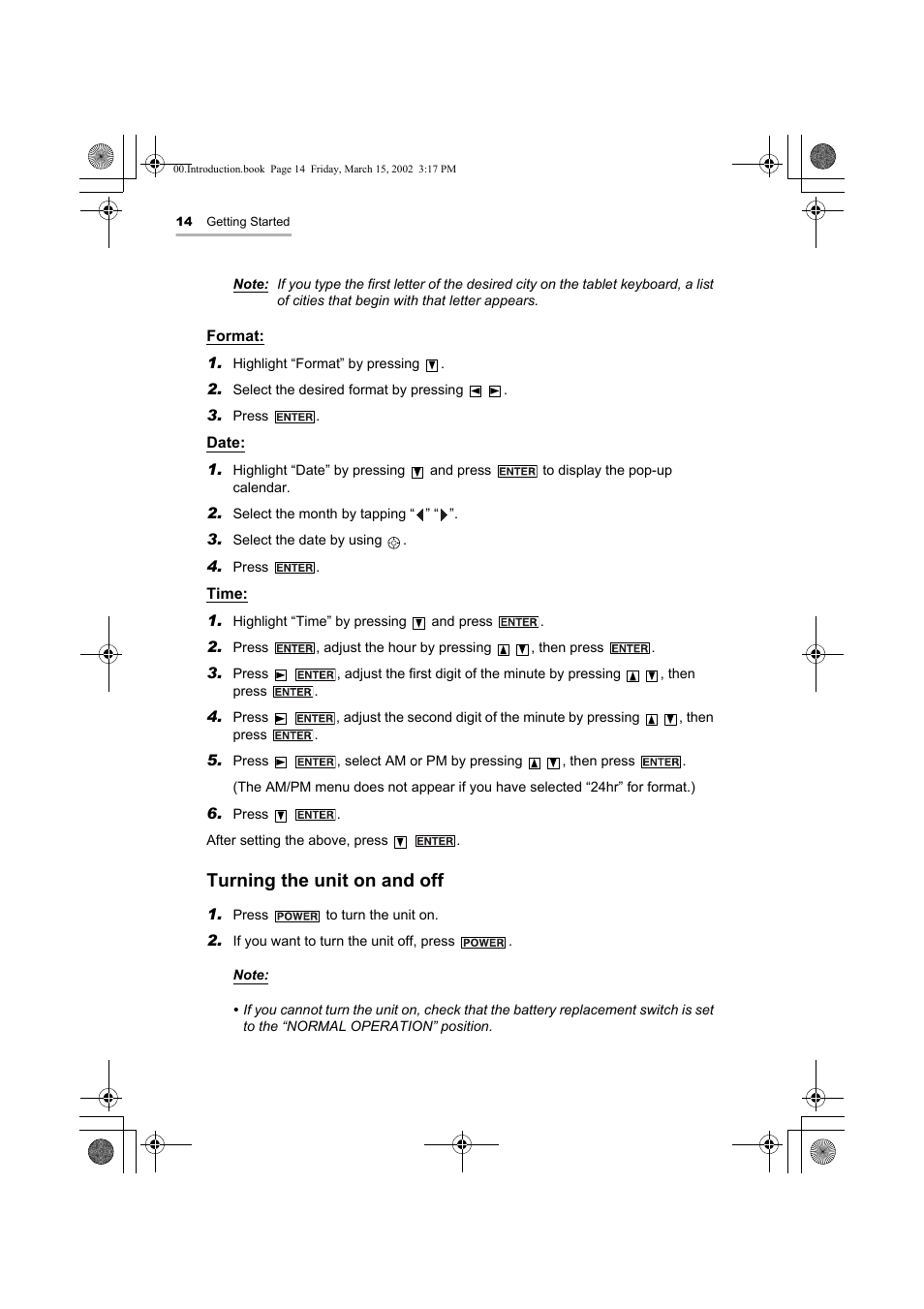 Turning the unit on and off | Sharp OZ-800 User Manual | Page 16 / 132