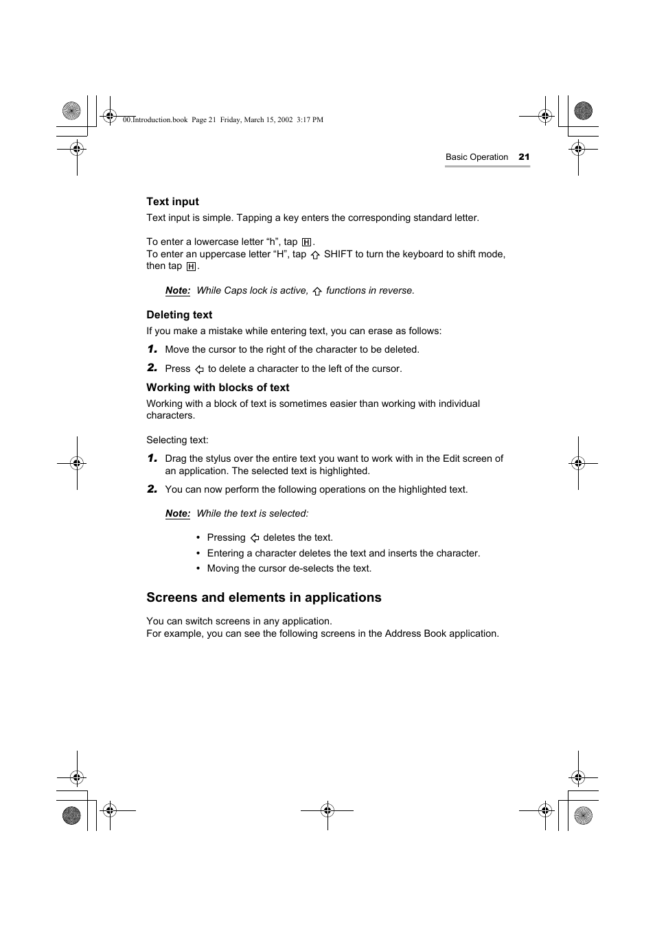 Screens and elements in applications | Sharp OZ-800 User Manual | Page 23 / 132