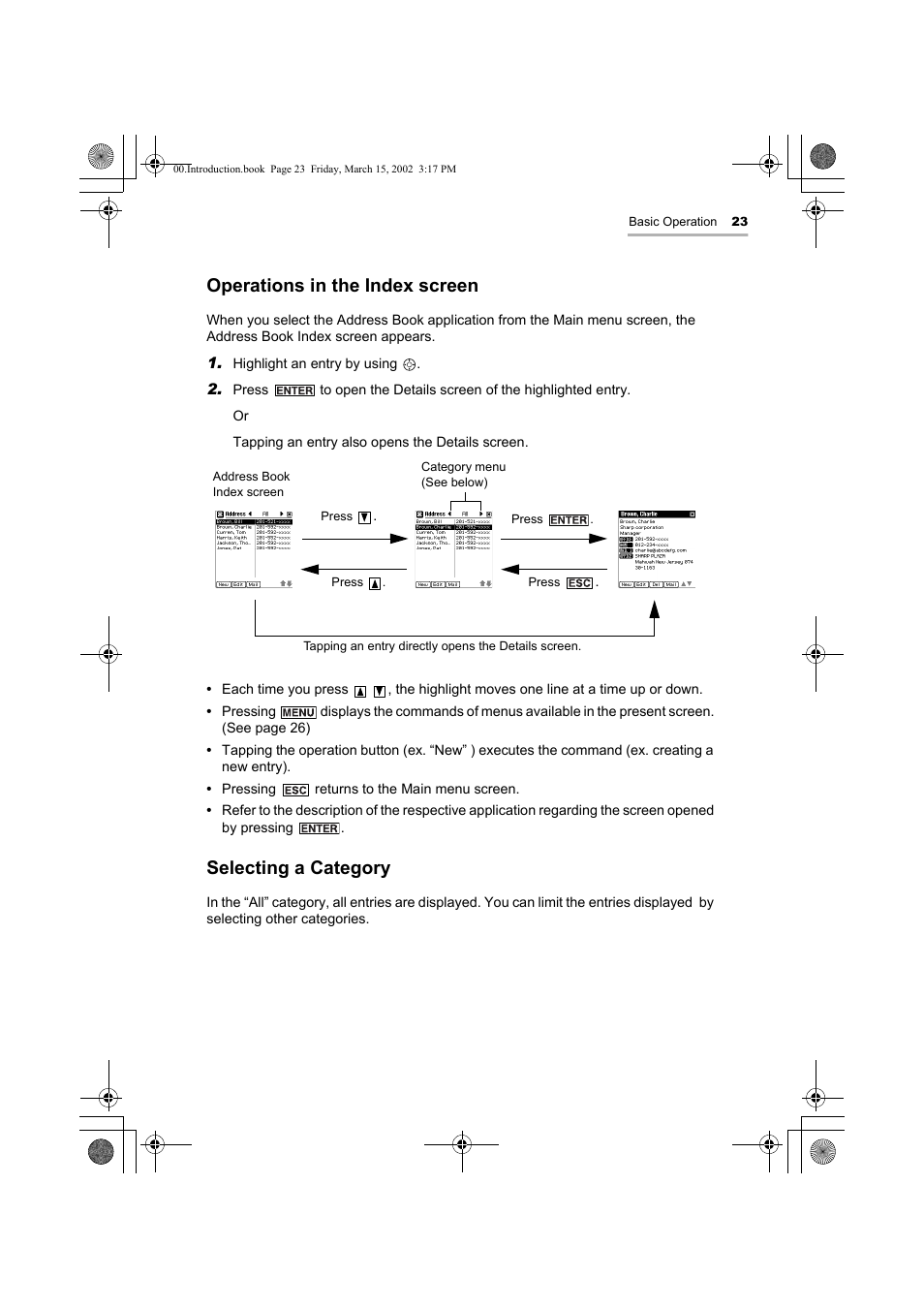 Operations in the index screen, Selecting a category | Sharp OZ-800 User Manual | Page 25 / 132