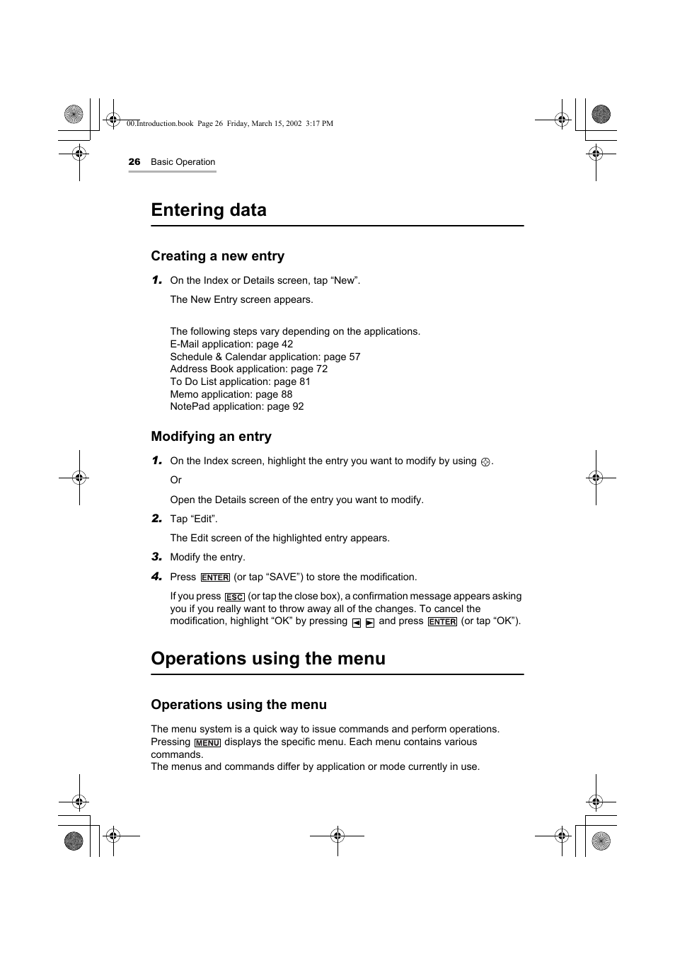 Entering data, Operations using the menu, Creating a new entry | Modifying an entry | Sharp OZ-800 User Manual | Page 28 / 132