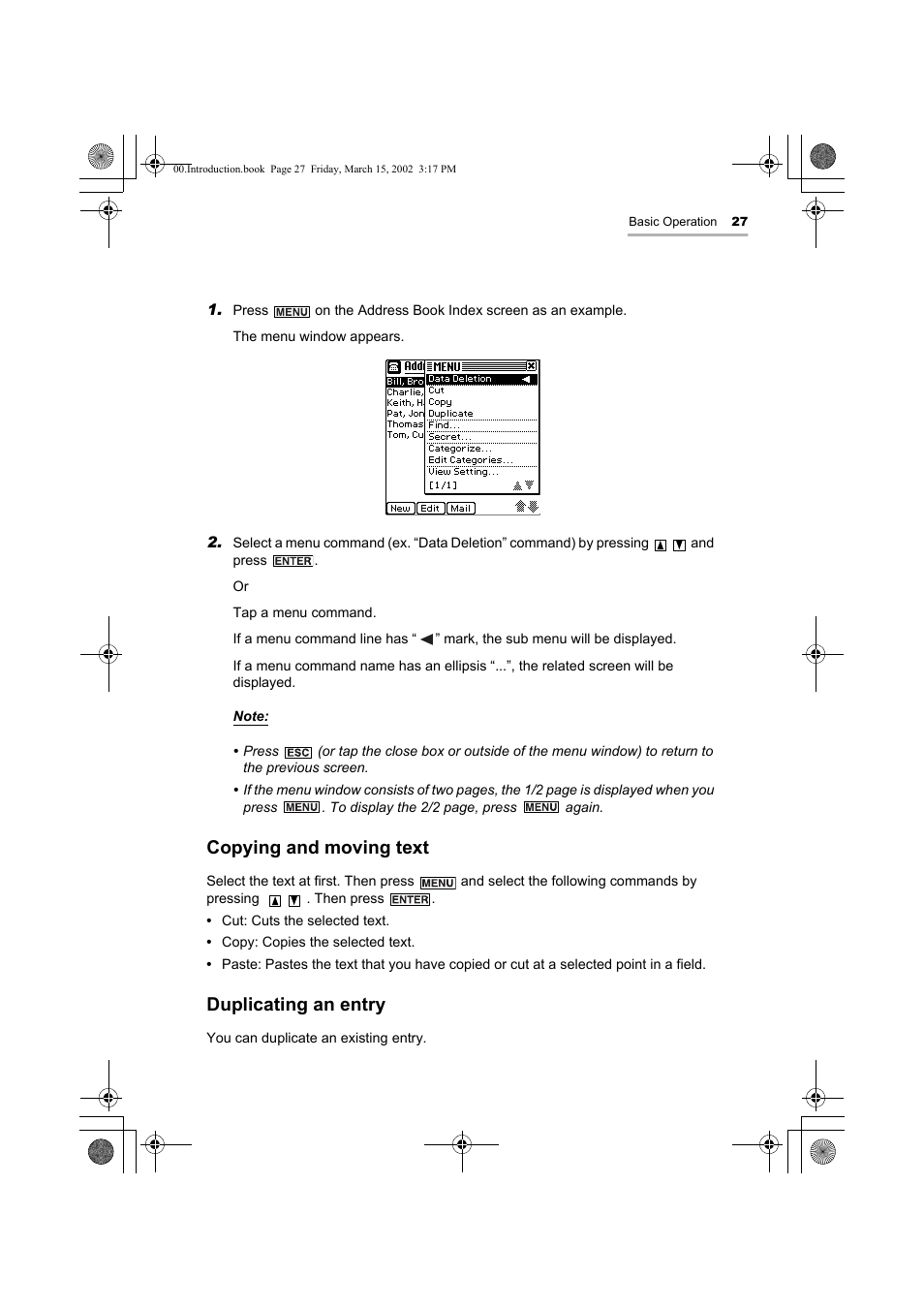 Copying and moving text, Duplicating an entry | Sharp OZ-800 User Manual | Page 29 / 132