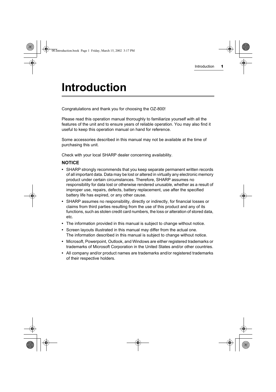 Introduction | Sharp OZ-800 User Manual | Page 3 / 132