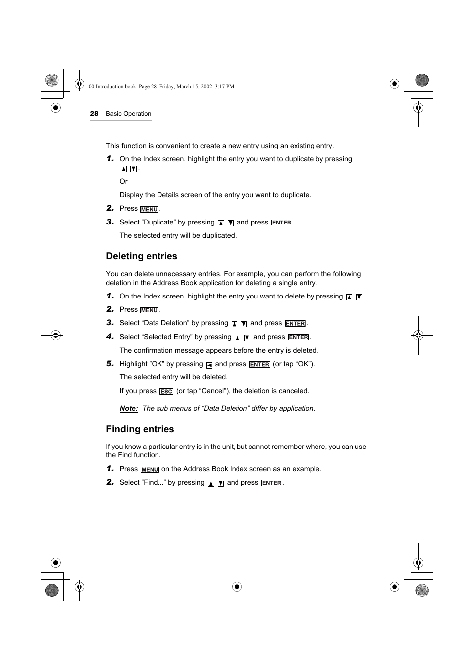 Deleting entries, Finding entries | Sharp OZ-800 User Manual | Page 30 / 132