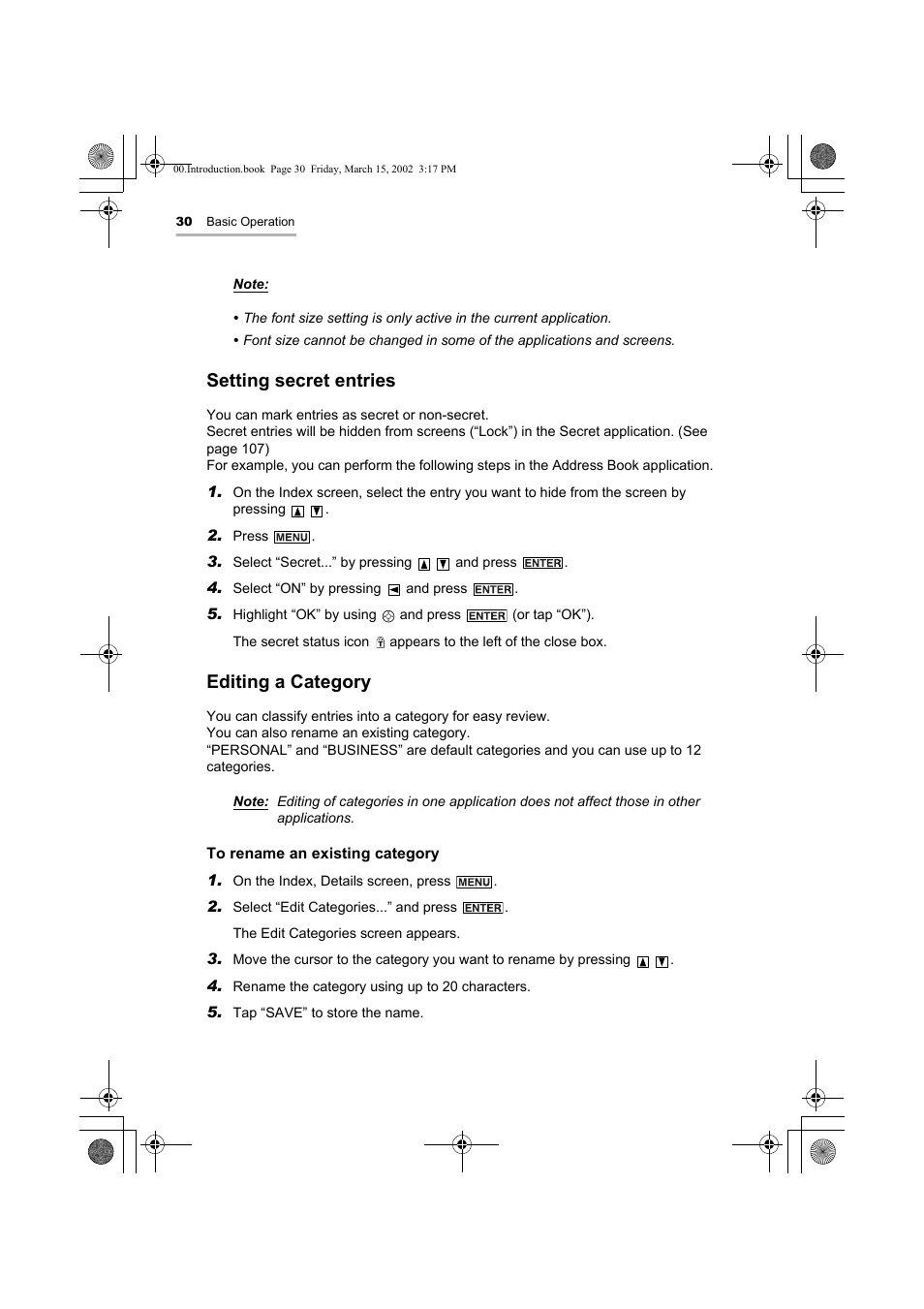 Setting secret entries, Editing a category | Sharp OZ-800 User Manual | Page 32 / 132