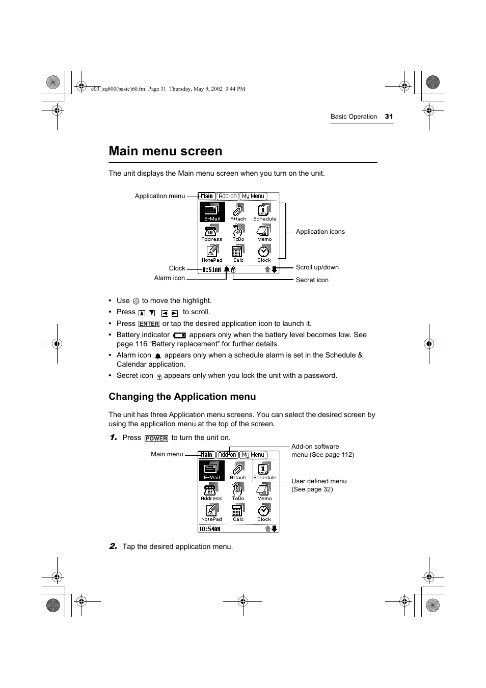 Main menu screen, Changing the application menu | Sharp OZ-800 User Manual | Page 33 / 132