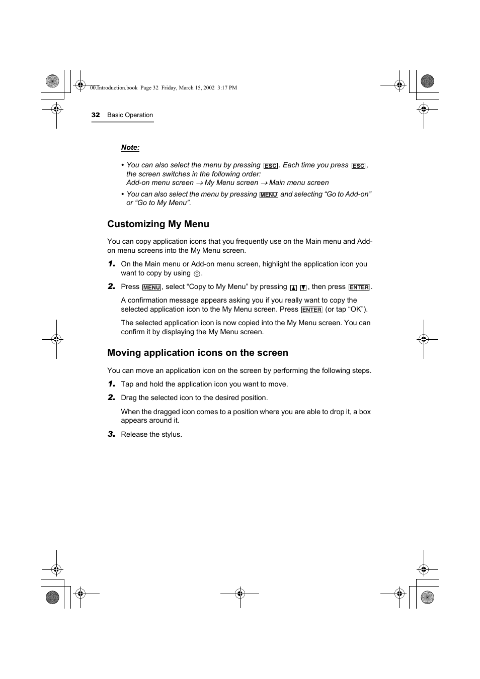 Customizing my menu, Moving application icons on the screen | Sharp OZ-800 User Manual | Page 34 / 132