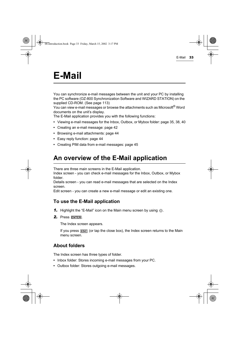 E-mail, An overview of the e-mail application | Sharp OZ-800 User Manual | Page 35 / 132