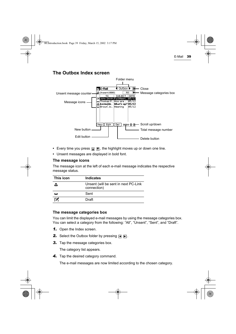 The outbox index screen | Sharp OZ-800 User Manual | Page 41 / 132