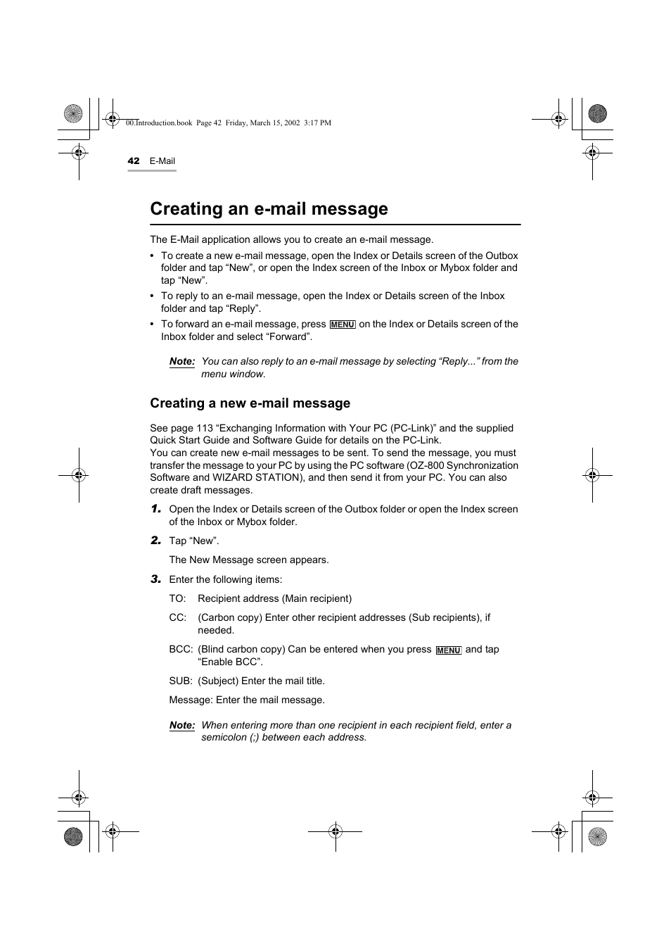 Creating an e-mail message, Creating a new e-mail message | Sharp OZ-800 User Manual | Page 44 / 132