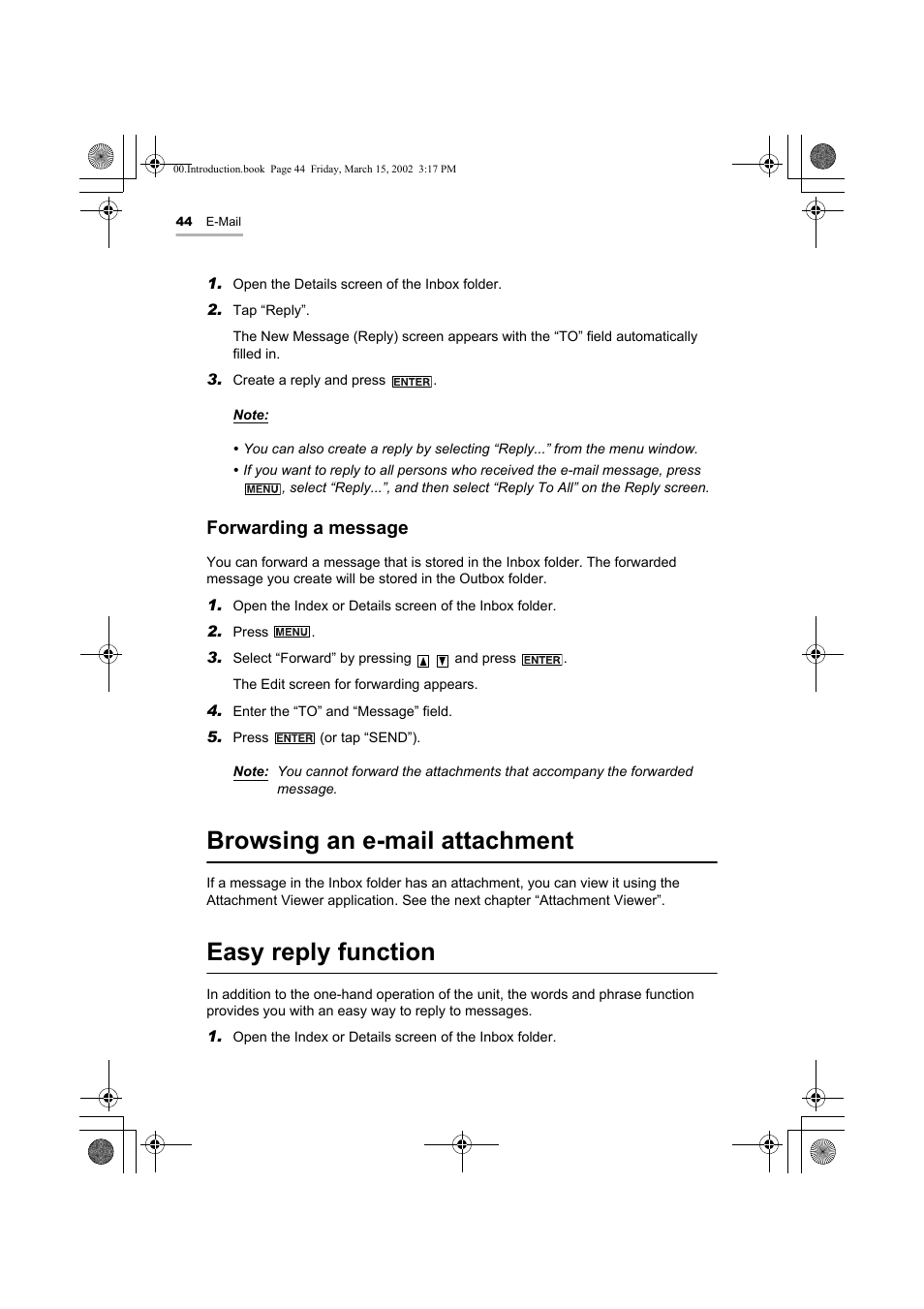 Browsing an e-mail attachment, Easy reply function, Forwarding a message | Sharp OZ-800 User Manual | Page 46 / 132