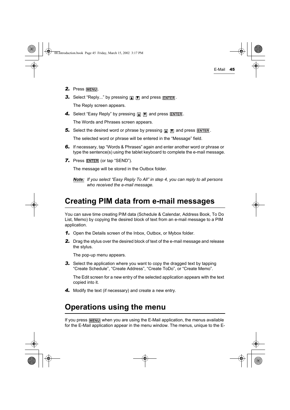 Creating pim data from e-mail messages, Operations using the menu | Sharp OZ-800 User Manual | Page 47 / 132