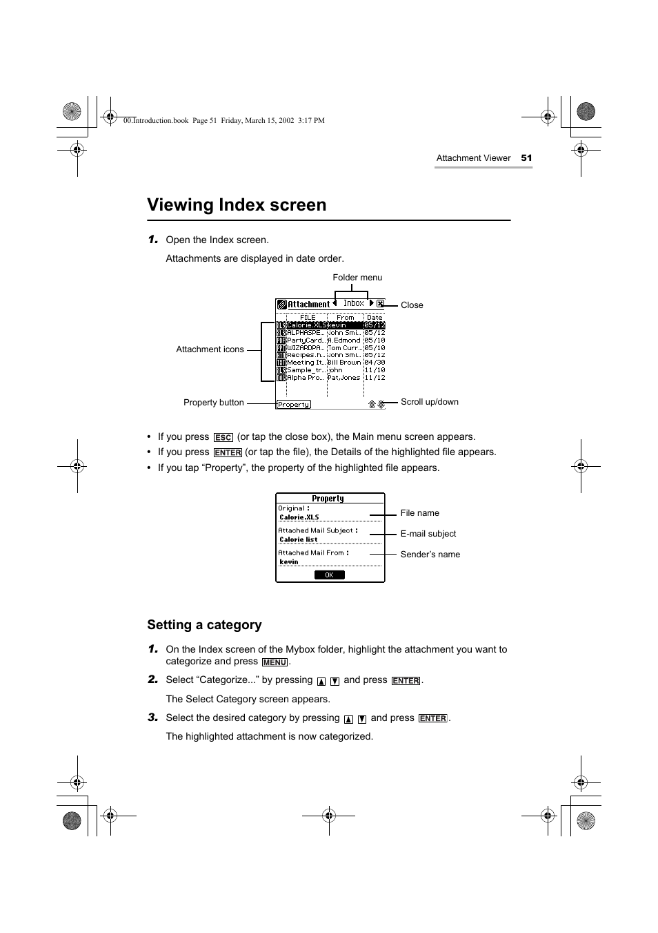 Viewing index screen, Setting a category | Sharp OZ-800 User Manual | Page 53 / 132