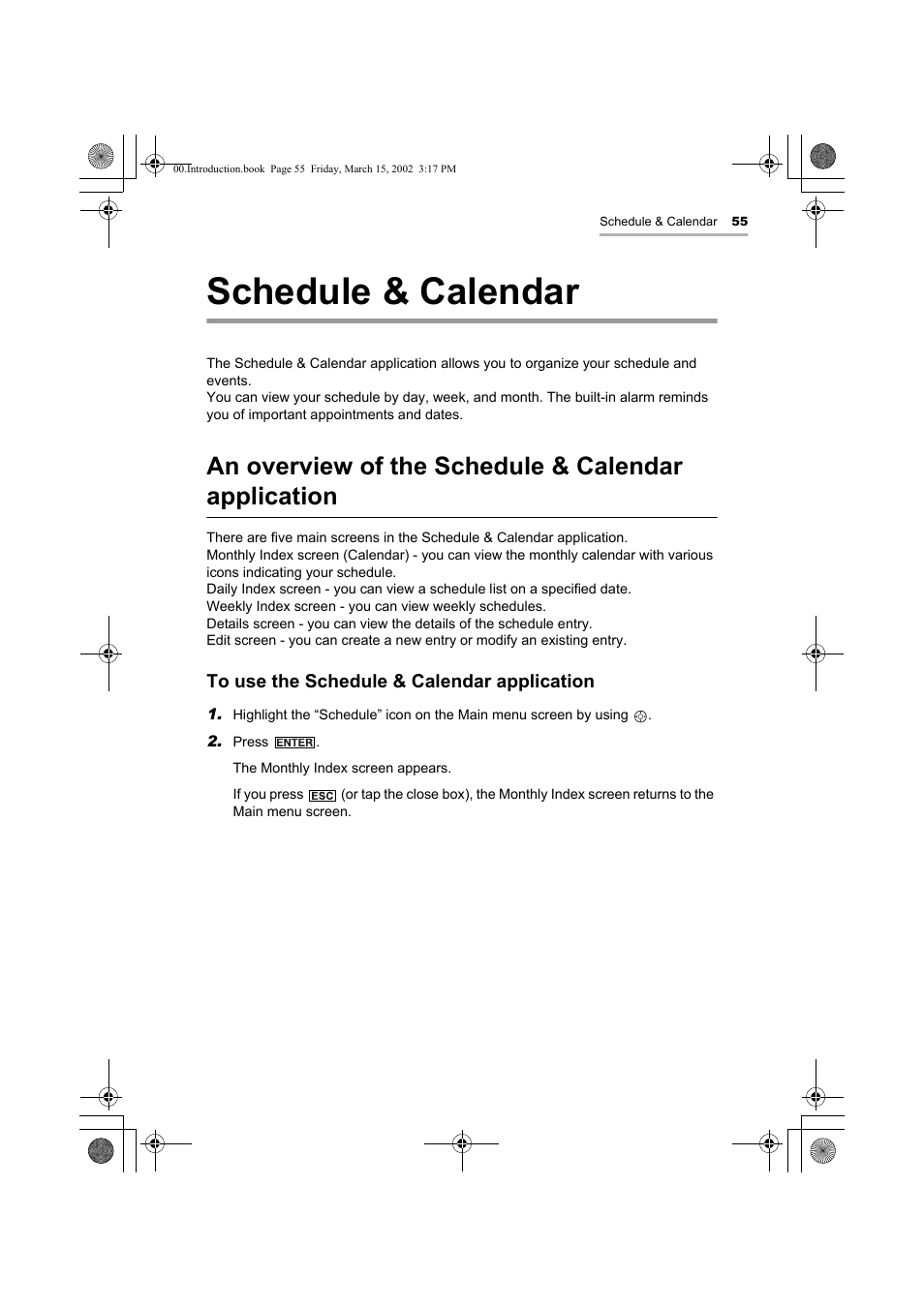 Schedule & calendar, An overview of the schedule & calendar application | Sharp OZ-800 User Manual | Page 57 / 132