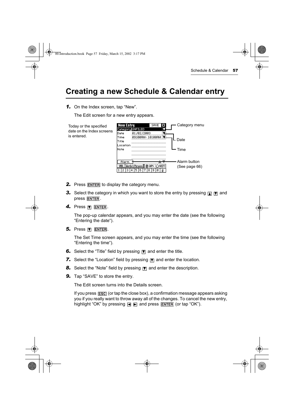 Creating a new schedule & calendar entry | Sharp OZ-800 User Manual | Page 59 / 132