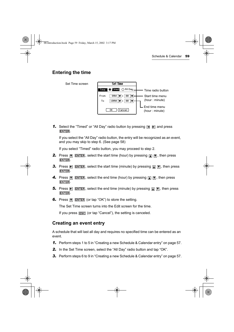 Entering the time, Creating an event entry | Sharp OZ-800 User Manual | Page 61 / 132