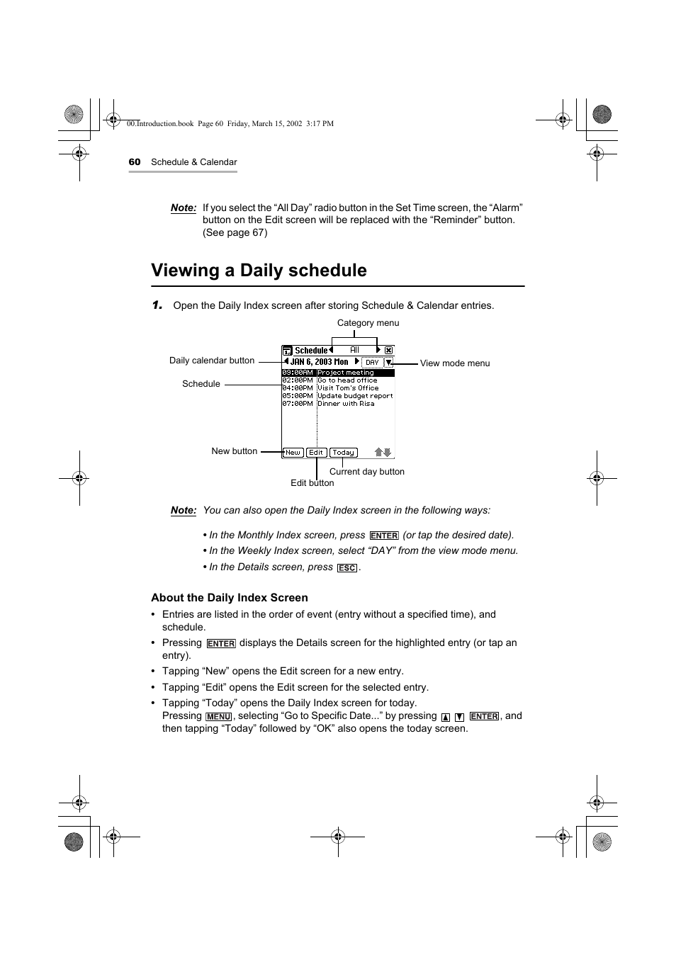 Viewing a daily schedule | Sharp OZ-800 User Manual | Page 62 / 132