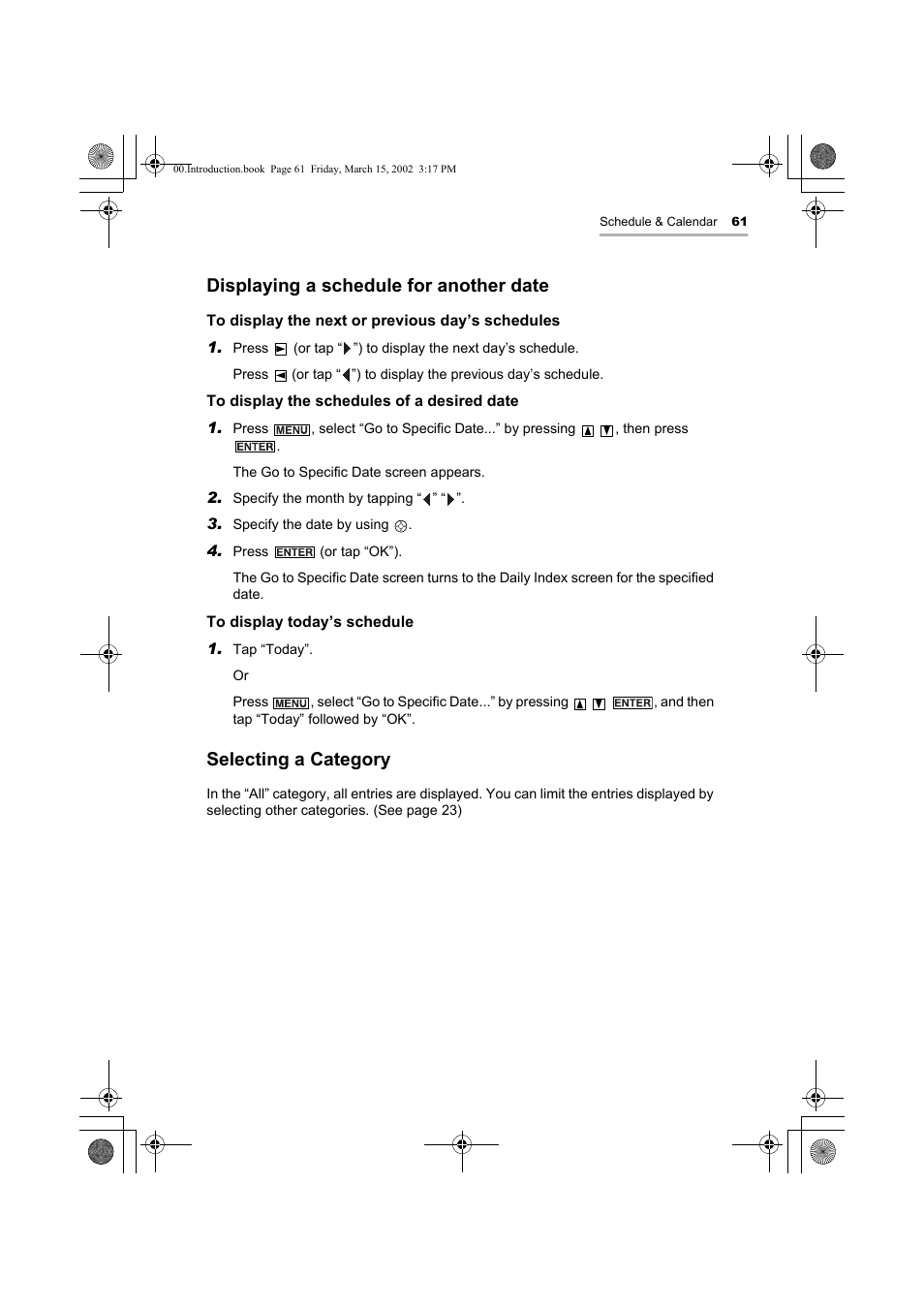 Displaying a schedule for another date, Selecting a category | Sharp OZ-800 User Manual | Page 63 / 132