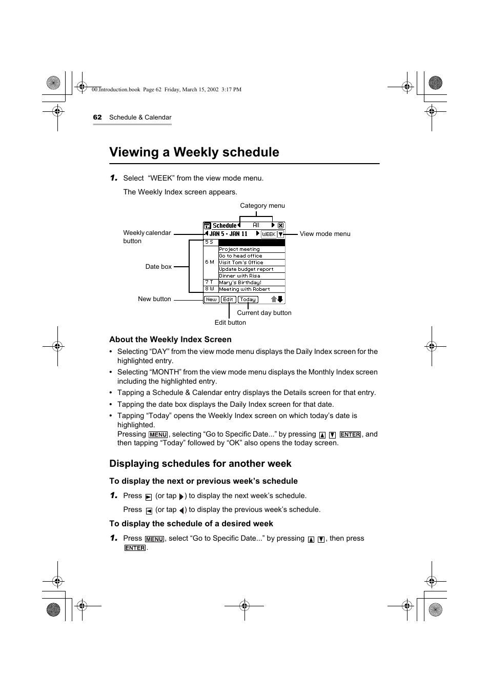 Viewing a weekly schedule, Displaying schedules for another week | Sharp OZ-800 User Manual | Page 64 / 132