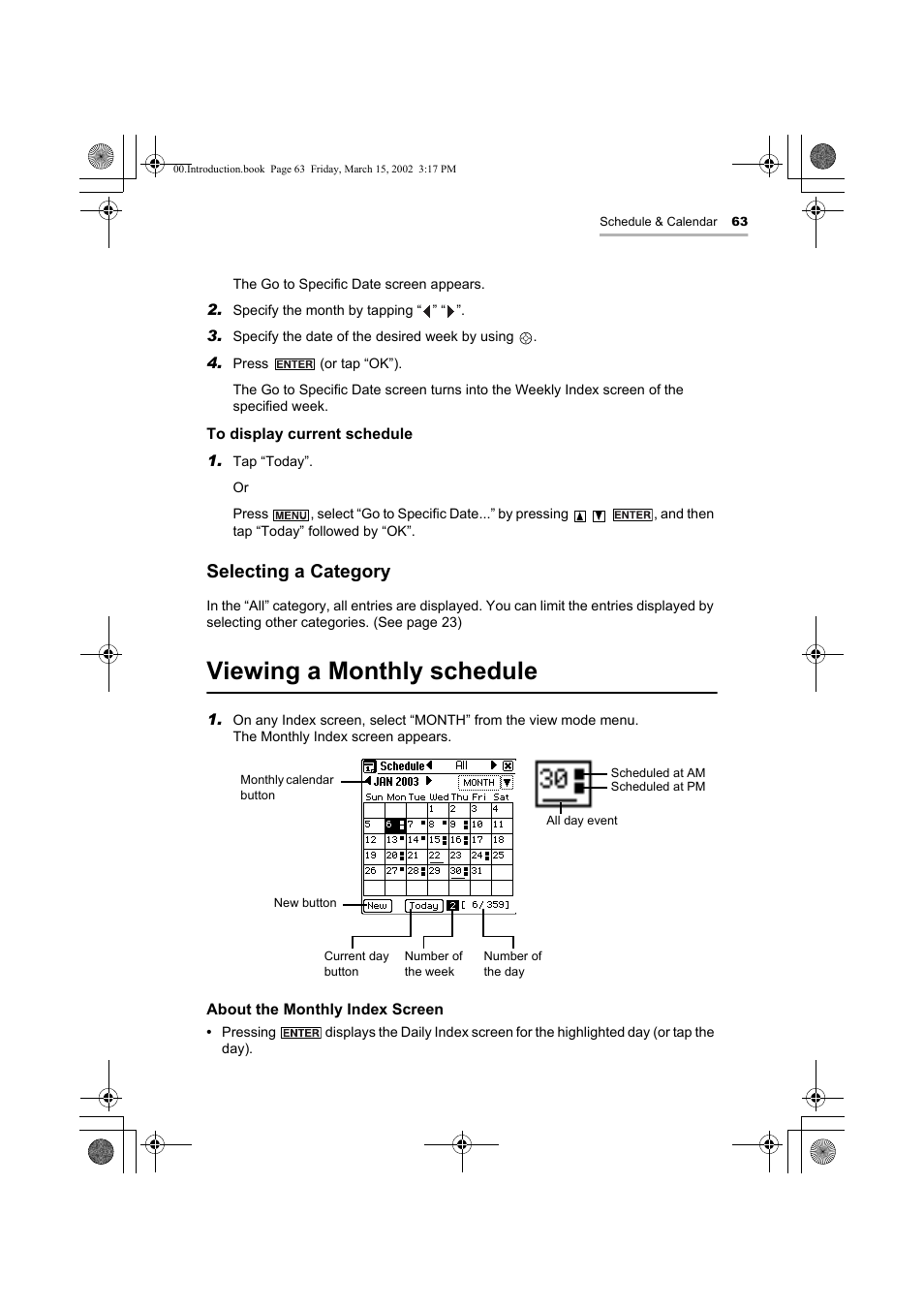 Viewing a monthly schedule, Selecting a category | Sharp OZ-800 User Manual | Page 65 / 132