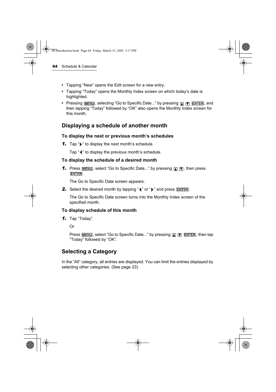 Displaying a schedule of another month, Selecting a category | Sharp OZ-800 User Manual | Page 66 / 132