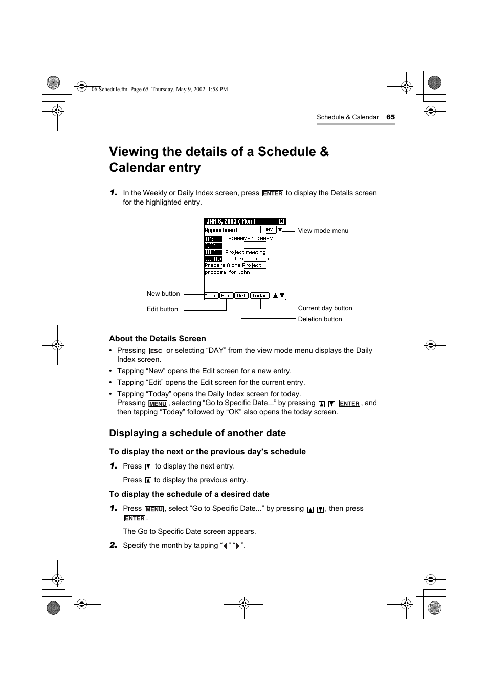 Viewing the details of a schedule & calendar entry, Displaying a schedule of another date | Sharp OZ-800 User Manual | Page 67 / 132