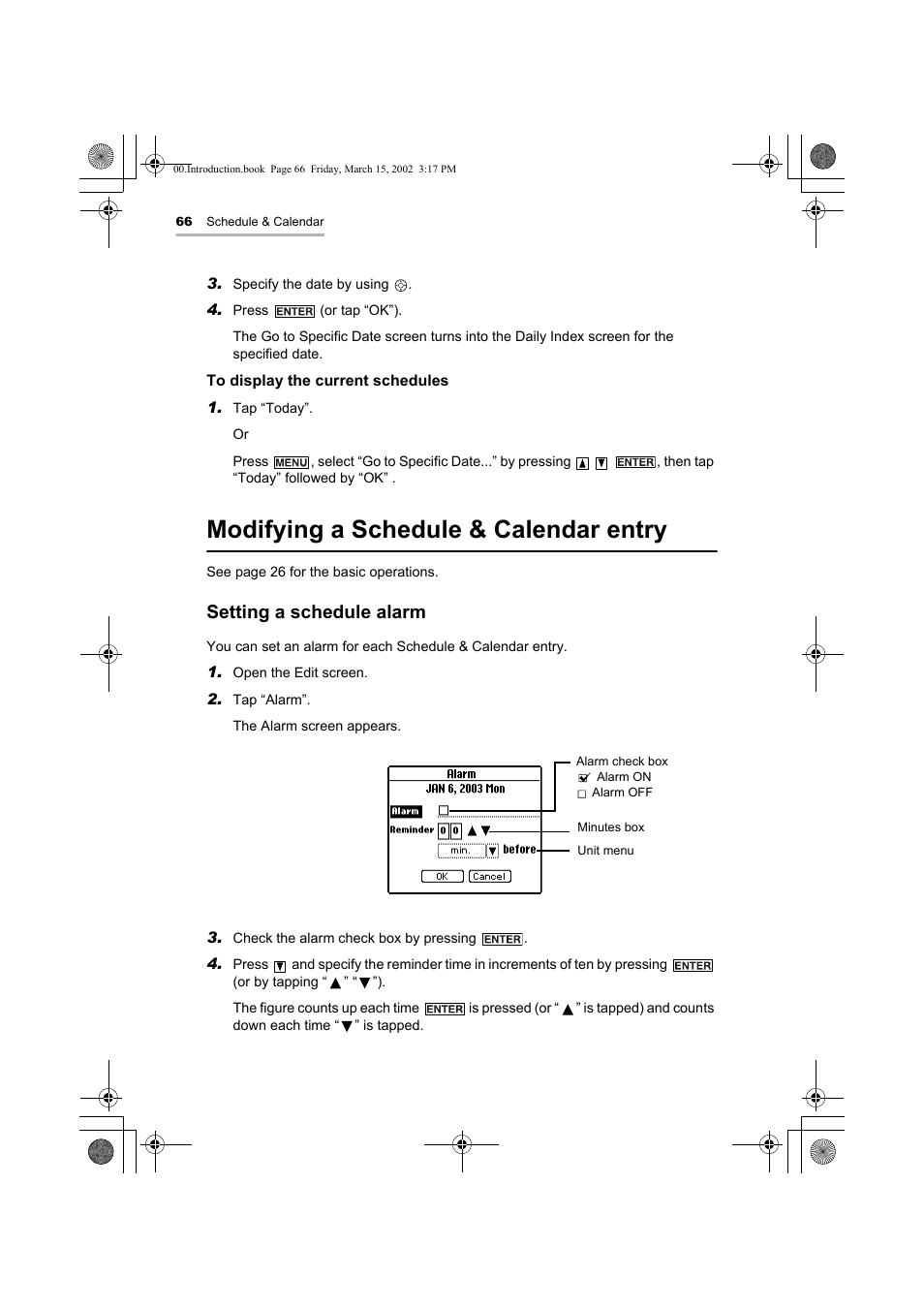 Modifying a schedule & calendar entry, Setting a schedule alarm | Sharp OZ-800 User Manual | Page 68 / 132