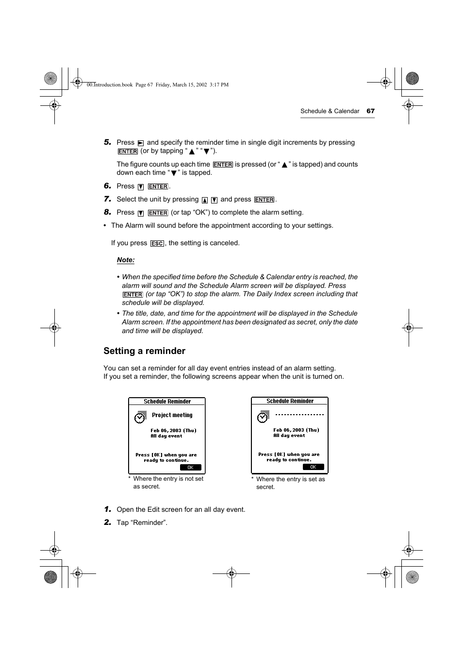 Setting a reminder | Sharp OZ-800 User Manual | Page 69 / 132