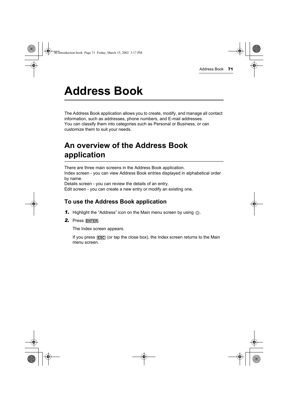 Address book, An overview of the address book application | Sharp OZ-800 User Manual | Page 73 / 132