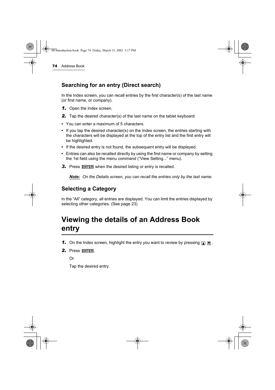 Viewing the details of an address book entry, Searching for an entry (direct search), Selecting a category | Sharp OZ-800 User Manual | Page 76 / 132