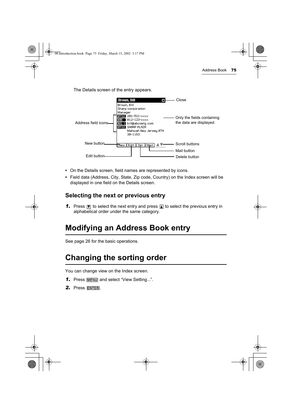 Modifying an address book entry, Changing the sorting order, Selecting the next or previous entry | Sharp OZ-800 User Manual | Page 77 / 132