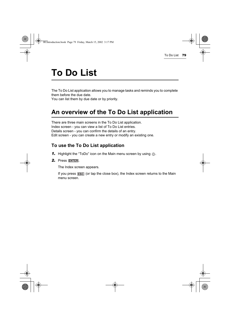 An overview of the to do list application | Sharp OZ-800 User Manual | Page 81 / 132