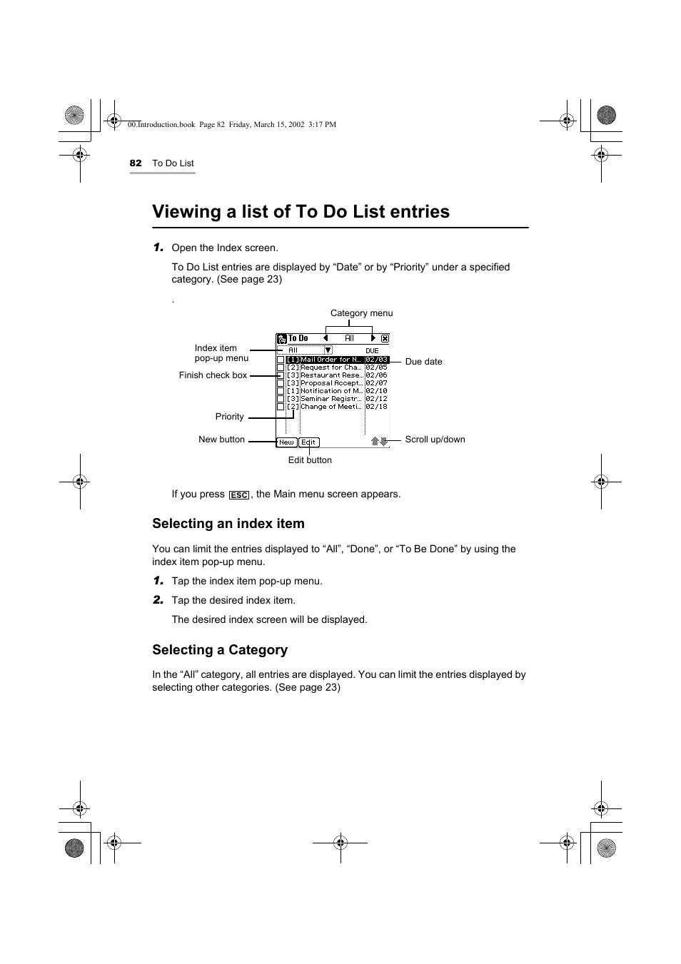 Viewing a list of to do list entries, Selecting an index item, Selecting a category | Sharp OZ-800 User Manual | Page 84 / 132