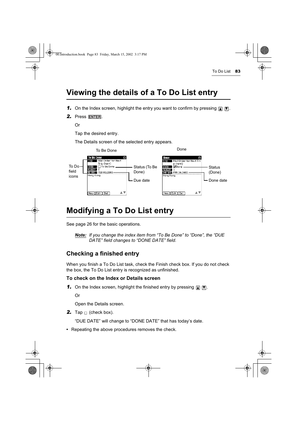 Viewing the details of a to do list entry, Modifying a to do list entry, Checking a finished entry | Sharp OZ-800 User Manual | Page 85 / 132