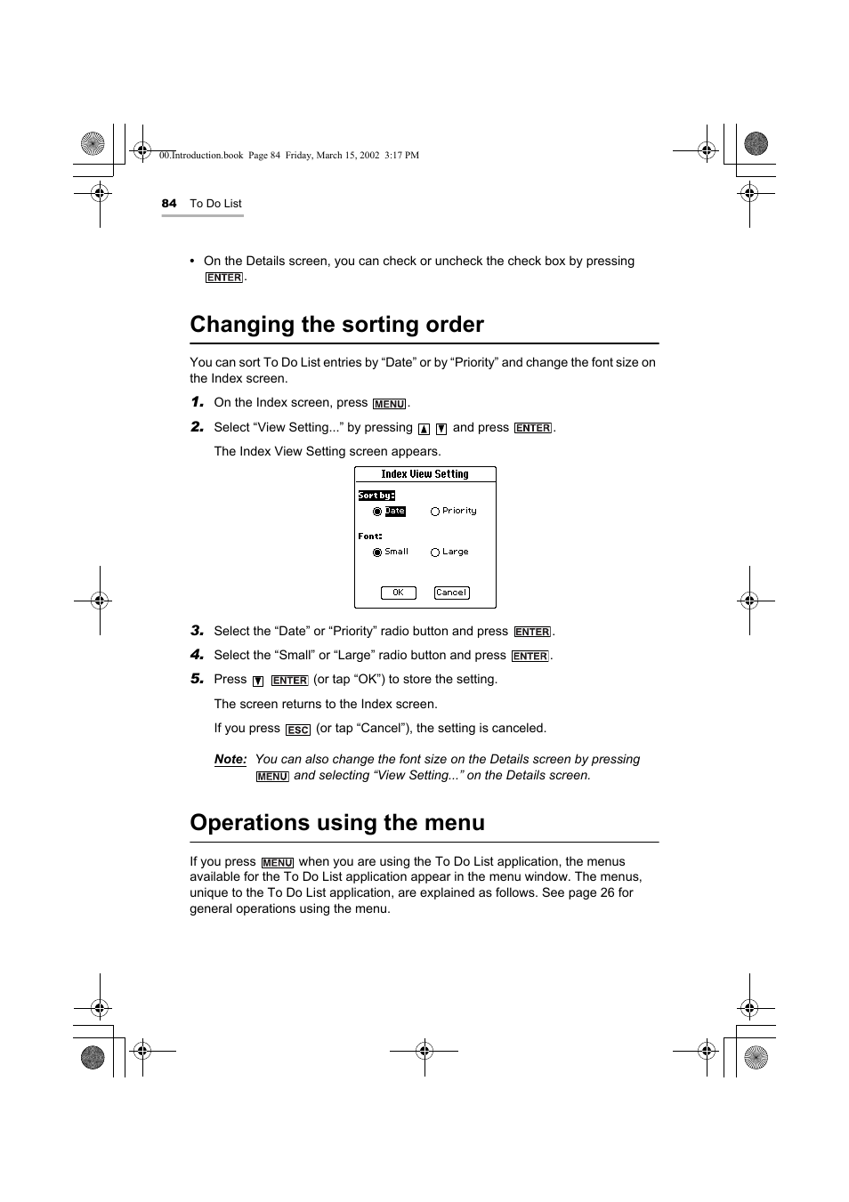 Changing the sorting order, Operations using the menu | Sharp OZ-800 User Manual | Page 86 / 132