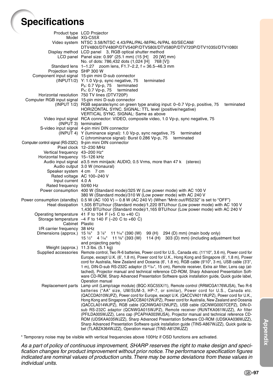 Specifications, Appendix | Sharp XG-C55X User Manual | Page 101 / 106