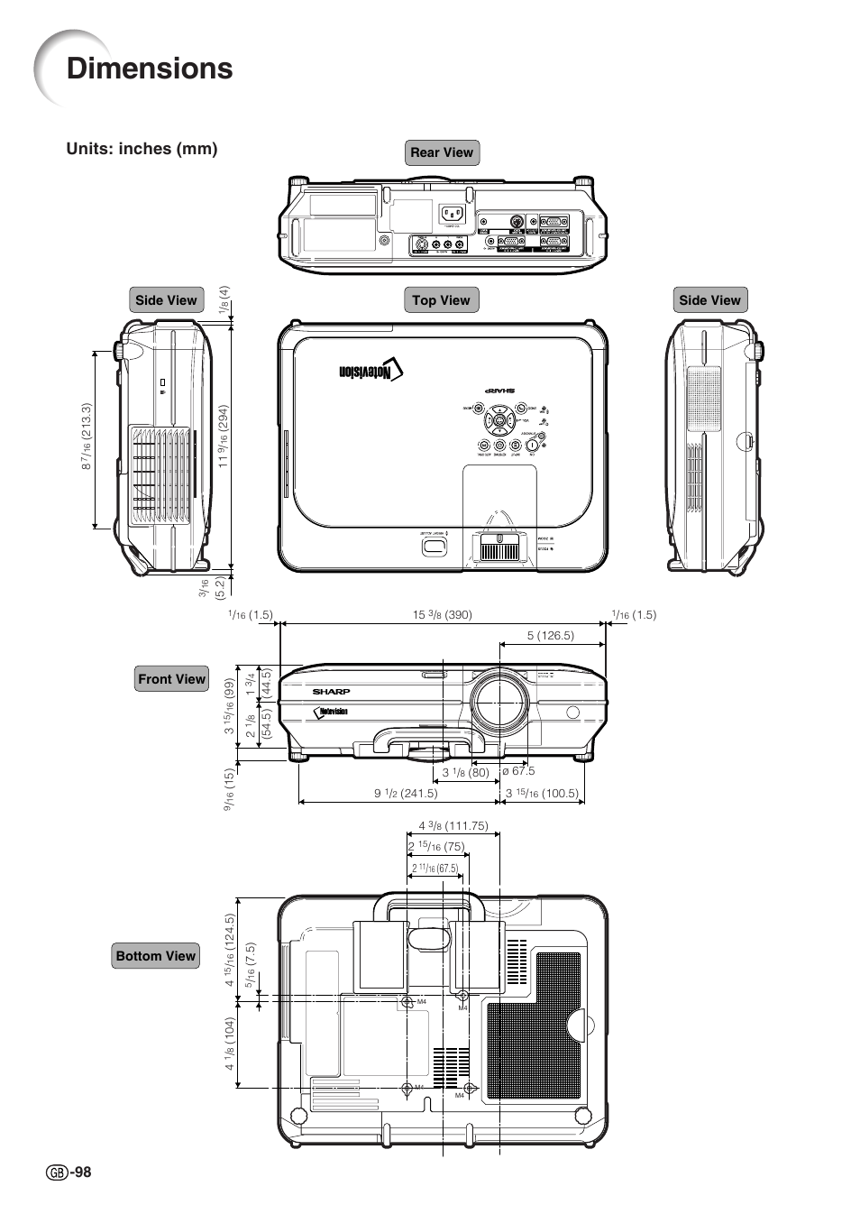 Dimensions, Units: inches (mm) | Sharp XG-C55X User Manual | Page 102 / 106