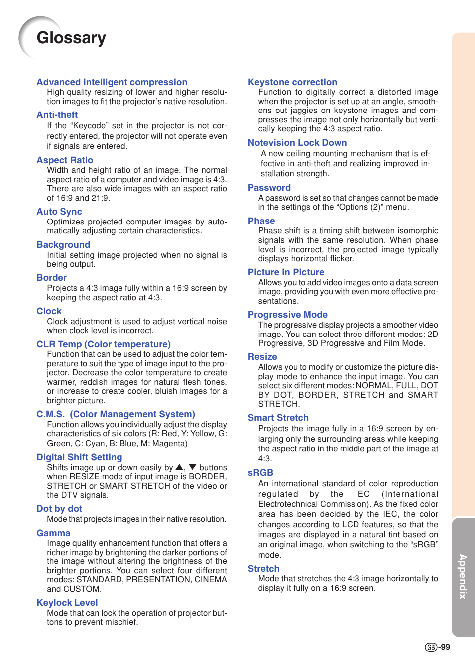 Glossary, Rapezoidal distortion, Keystone correction | Digital shift setting, Auto sync, Clock, Phase, Resize, Aspect ratio, Dot by dot | Sharp XG-C55X User Manual | Page 103 / 106