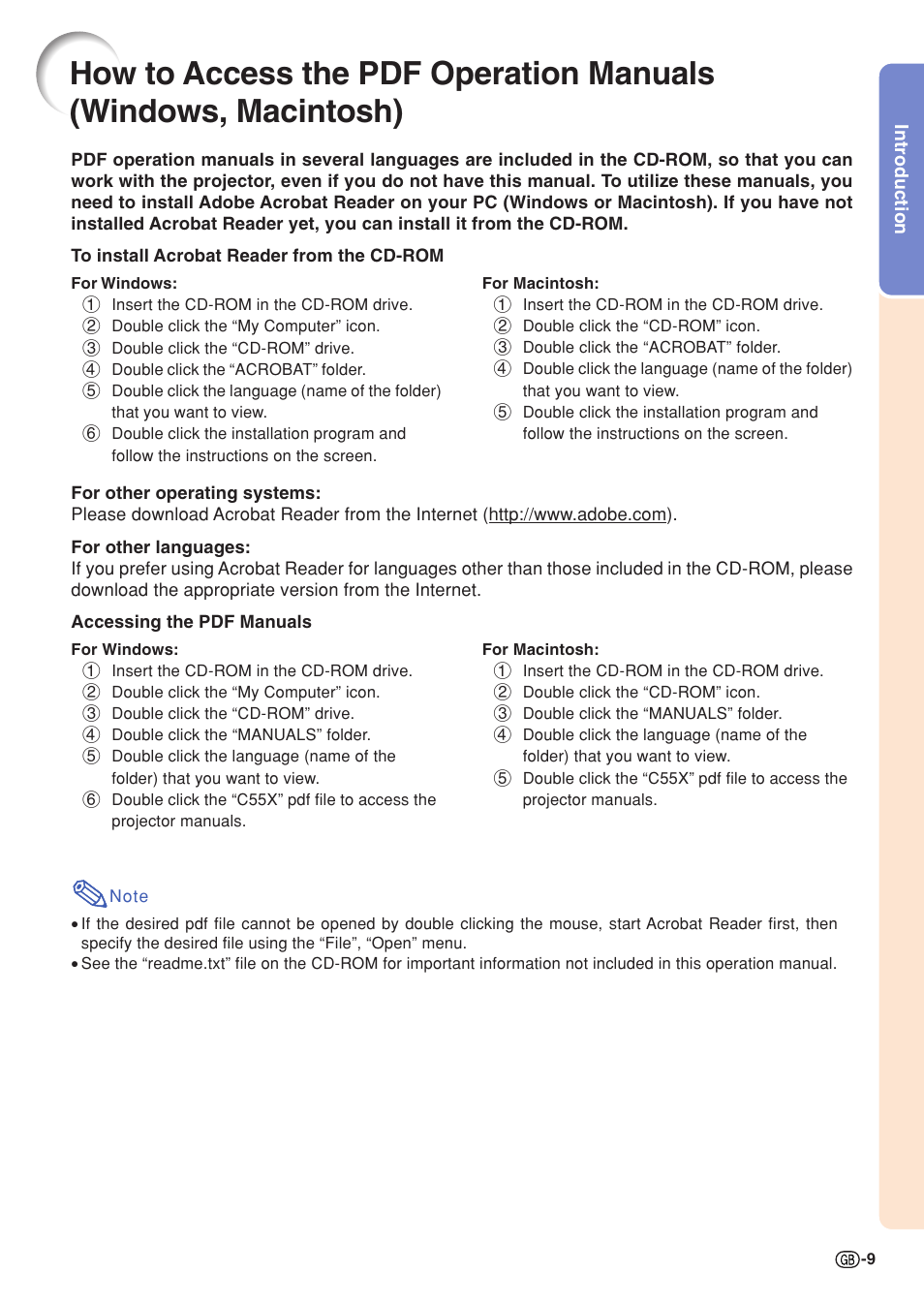 How to access the pdf operation manuals, Windows, macintosh) | Sharp XG-C55X User Manual | Page 13 / 106