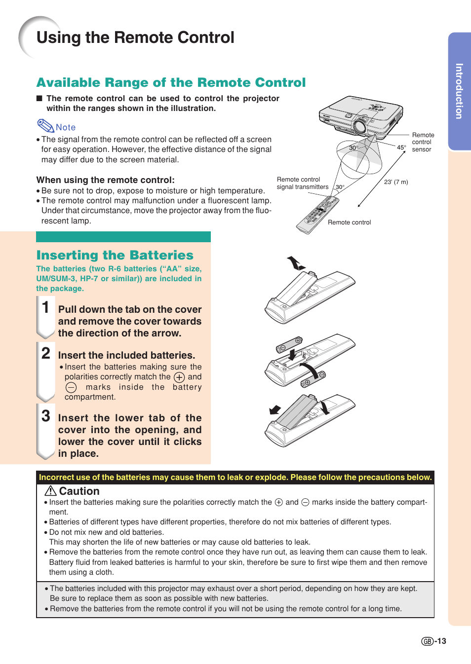 Using the remote control, Available range of the remote control, Inserting the batteries | Caution | Sharp XG-C55X User Manual | Page 17 / 106