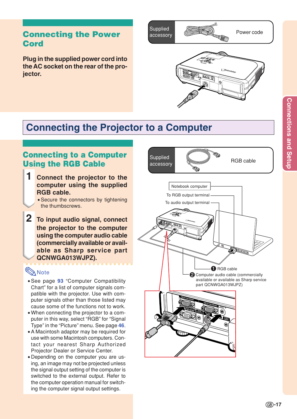 Connecting the power cord, Connecting the projector to a computer, Connecting to a computer using the rgb cable | Sharp XG-C55X User Manual | Page 21 / 106