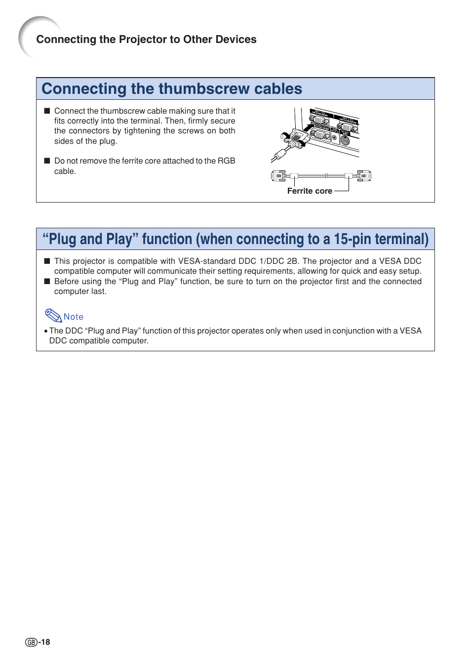 Connecting the thumbscrew cables, Connecting the projector to other devices | Sharp XG-C55X User Manual | Page 22 / 106