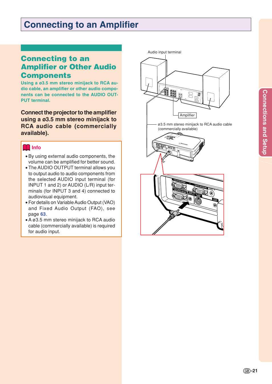 Connecting to an amplifier | Sharp XG-C55X User Manual | Page 25 / 106