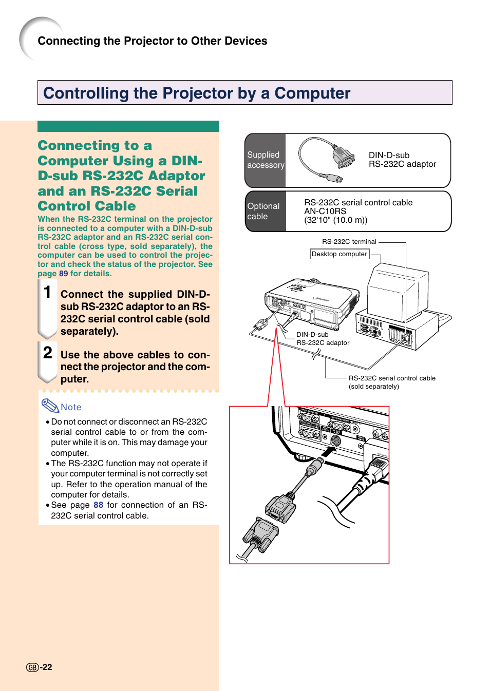 Controlling the projector by a computer, Connecting the projector to other devices | Sharp XG-C55X User Manual | Page 26 / 106