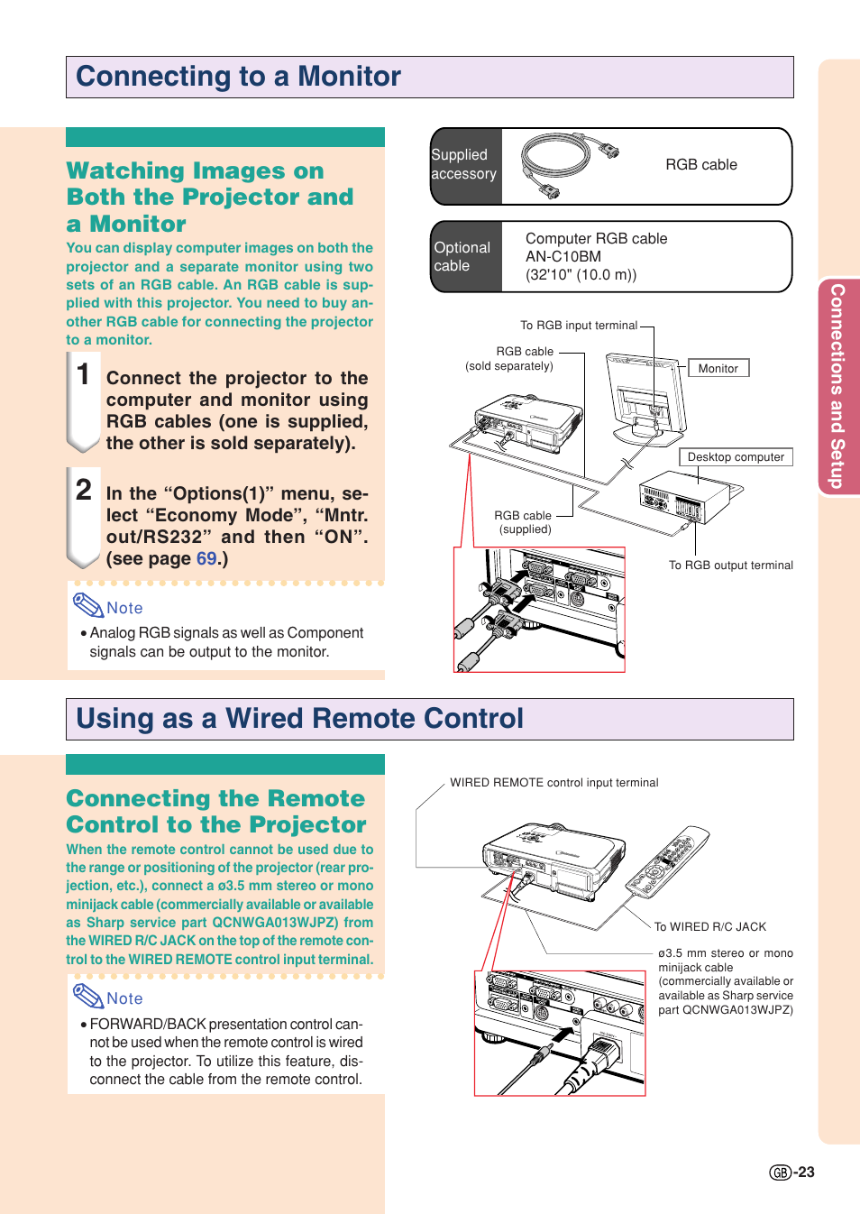 Connecting to a monitor, Using as a wired remote control, Connecting the remote control to the projector | Sharp XG-C55X User Manual | Page 27 / 106