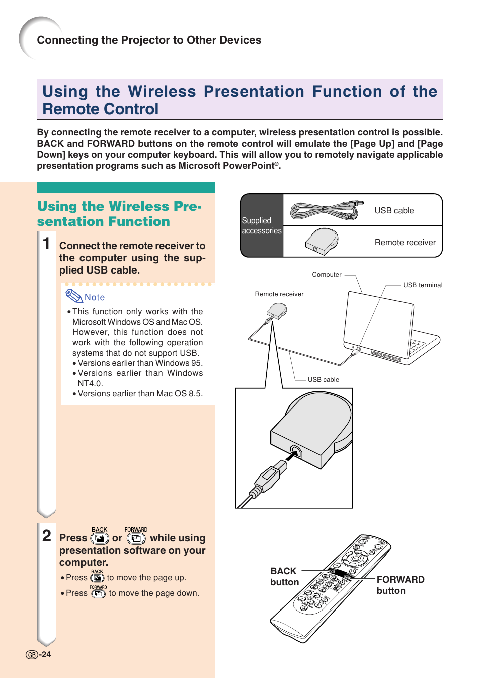 Using the wireless presentation function of the, Remote control, Using the wireless pre- sentation function | Connecting the projector to other devices | Sharp XG-C55X User Manual | Page 28 / 106