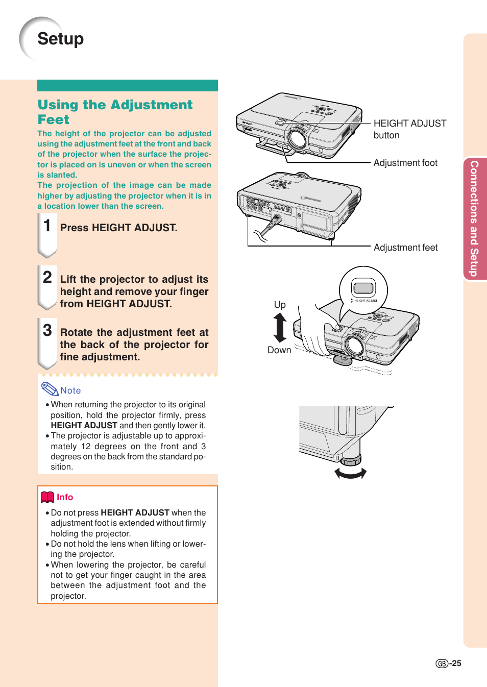 Setup, Using the adjustment feet | Sharp XG-C55X User Manual | Page 29 / 106