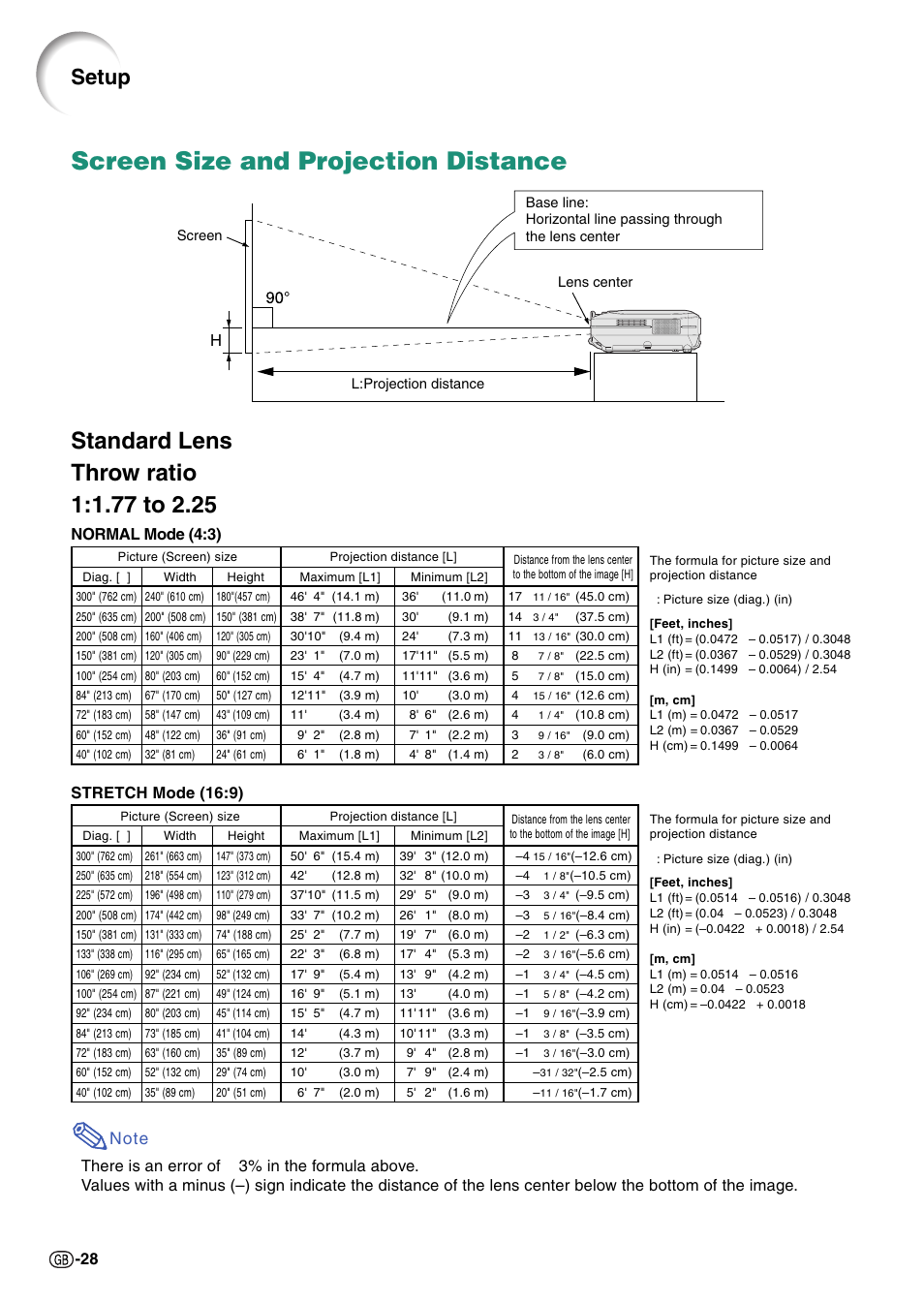 Screen size and projection distance, P.28, Setup | 28 h, Stretch mode (16:9), Normal mode (4:3) | Sharp XG-C55X User Manual | Page 32 / 106