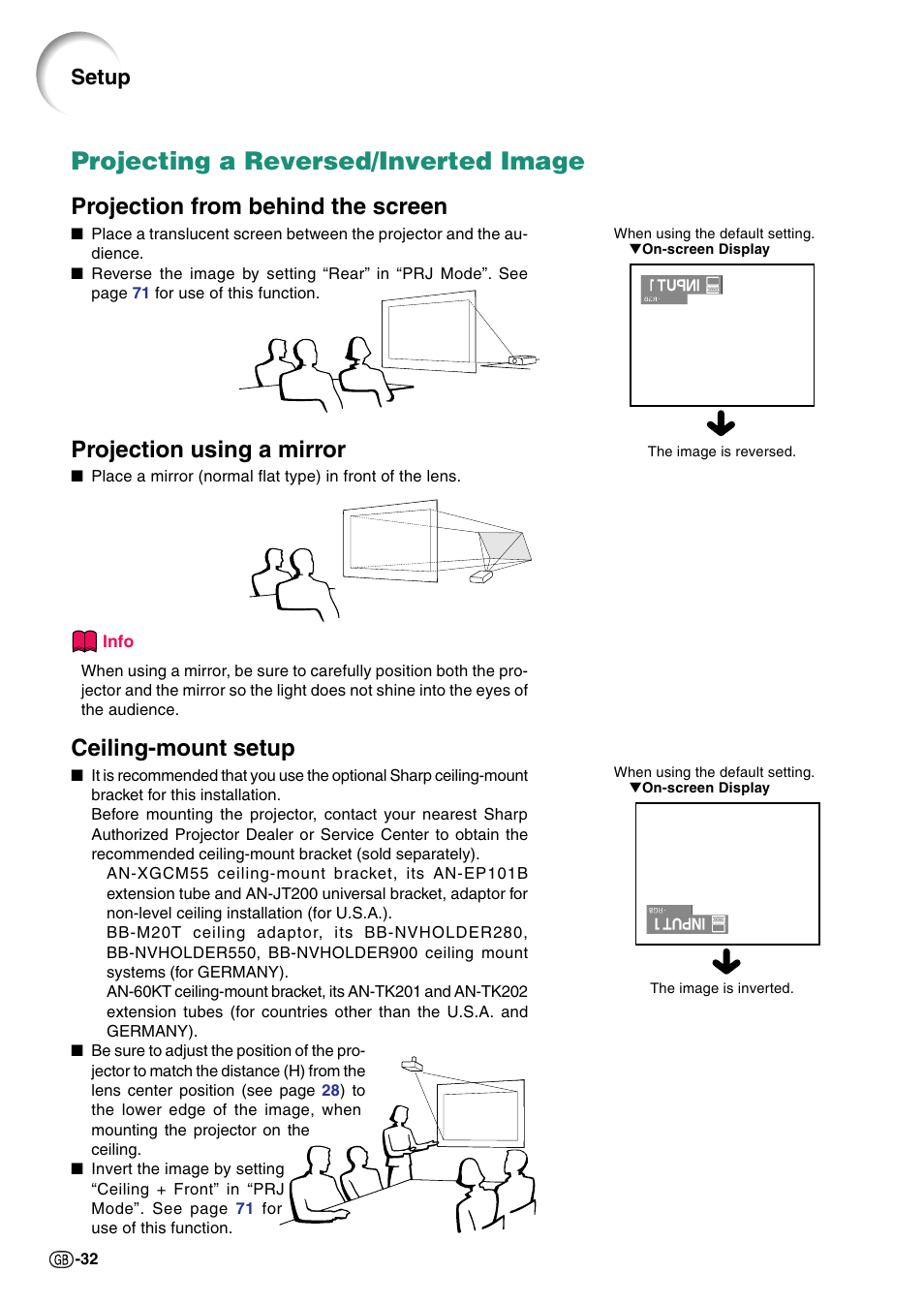 Projecting a reversed/inverted image, Projection from behind the screen, Projection using a mirror | Ceiling-mount setup, Setup | Sharp XG-C55X User Manual | Page 36 / 106