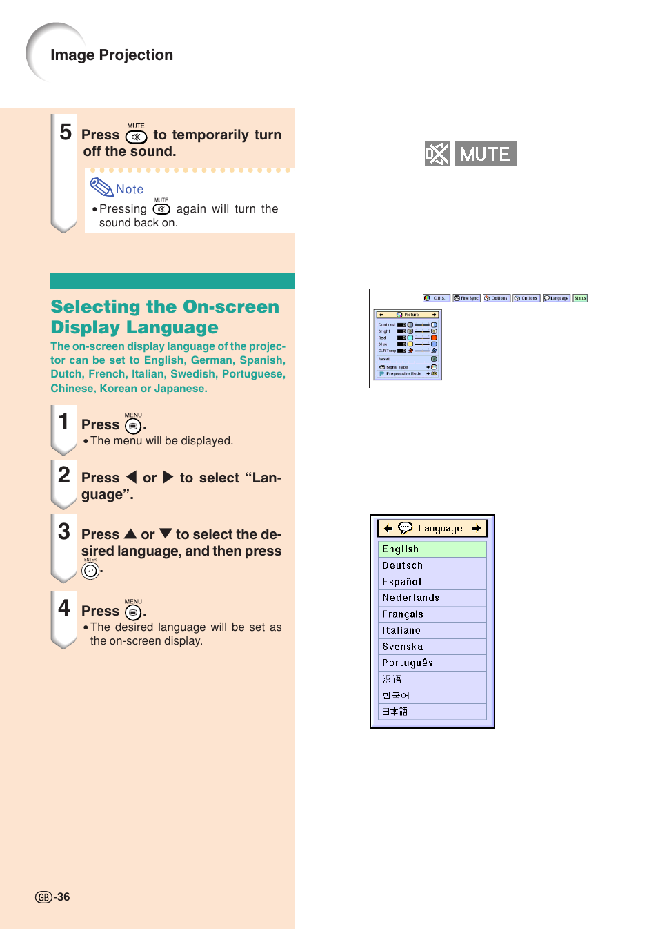 Selecting the on-screen display language | Sharp XG-C55X User Manual | Page 40 / 106