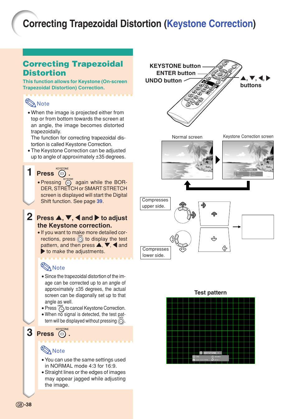 Correcting trapezoidal distortion, Keystone correction) | Sharp XG-C55X User Manual | Page 42 / 106